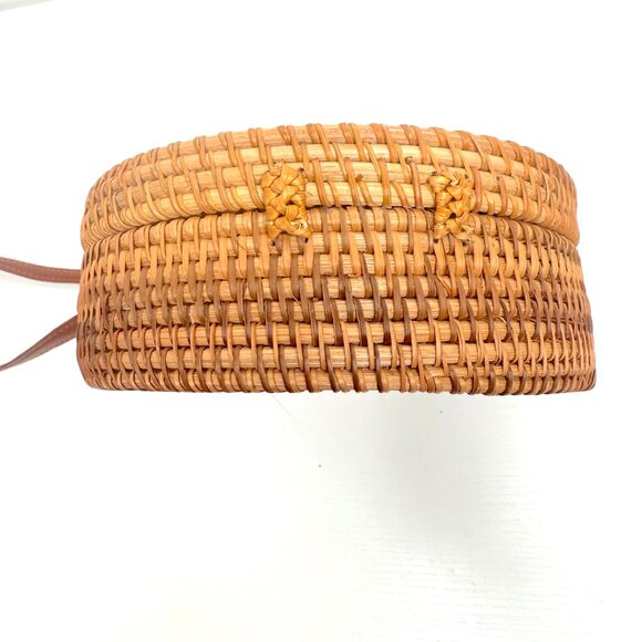 Round Woven Straw Raffia Faux Leather Strap Floral Lined Crossbody Bag Brown - Picture 4 of 4